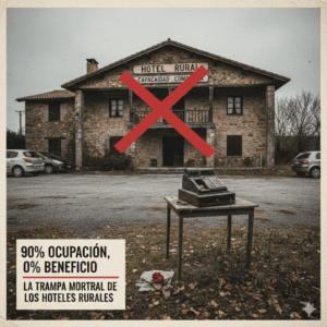 Una fotografía de estilo sombrío y melancólico que muestra la fachada de un hotel rural de piedra con varios coches aparcados, indicando alta ocupación. En primer plano, una caja registradora antigua y solitaria sobre una mesa de madera desvencijada simboliza la falta de rentabilidad. Una gran "X" roja tacha el edificio y un cartel en la esquina inferior izquierda muestra el texto: "90% OCUPACIÓN, 0% BENEFICIO. LA TRAMPA MORTAL DE LOS HOTELES RURALES".