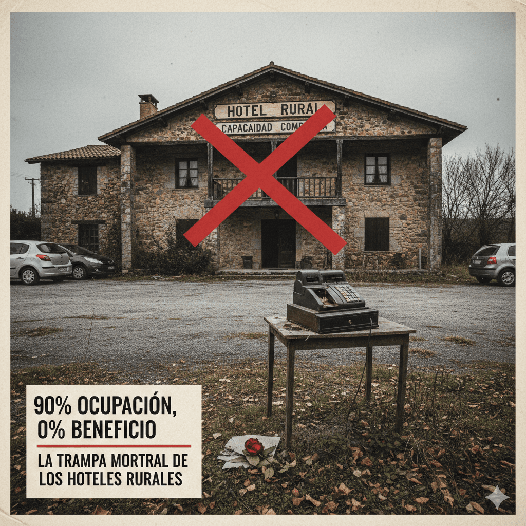 Una fotografía de estilo sombrío y melancólico que muestra la fachada de un hotel rural de piedra con varios coches aparcados, indicando alta ocupación. En primer plano, una caja registradora antigua y solitaria sobre una mesa de madera desvencijada simboliza la falta de rentabilidad. Una gran "X" roja tacha el edificio y un cartel en la esquina inferior izquierda muestra el texto: "90% OCUPACIÓN, 0% BENEFICIO. LA TRAMPA MORTAL DE LOS HOTELES RURALES".