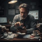 Propietario de casa rural agobiado calculando la rentabilidad de su alojamiento