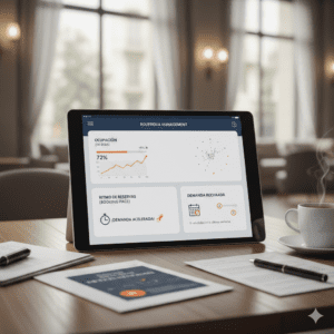 Tablet sobre una mesa de madera mostrando un panel de control con datos de ocupación, ritmo de reservas y demanda rechazada para un hotel o alojamiento rural.