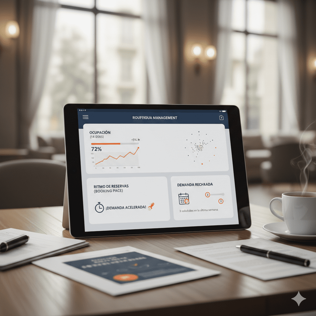 Tablet sobre una mesa de madera mostrando un panel de control con datos de ocupación, ritmo de reservas y demanda rechazada para un hotel o alojamiento rural.